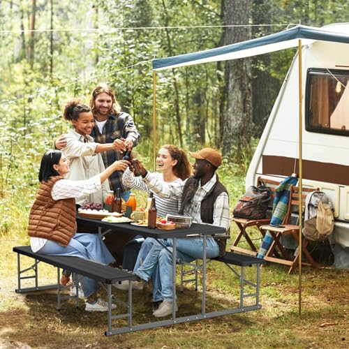 VINGLI Folding Picnic Table and Bench Set, Portable Outdoor Dining Furniture for Camping, Patio, Backyard, Wood Grain Plastic Top with Metal Frame with Kaqi Umbrella - color: Black, style: Standard