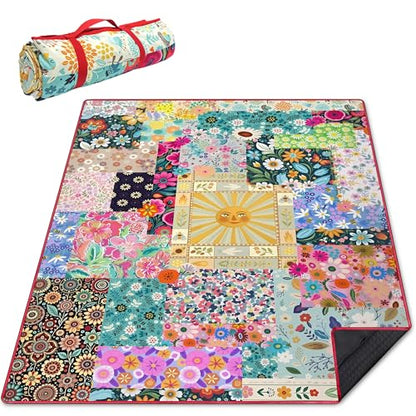 Supfitness Extra Large Picnic Blankets Waterproof Foldable (60 "x 80") Beach Blanket Waterproof Sandproof,3-Layer Thicking Mat Outdoor Packable Camping Blanket - color: Flower, size: 60x80in