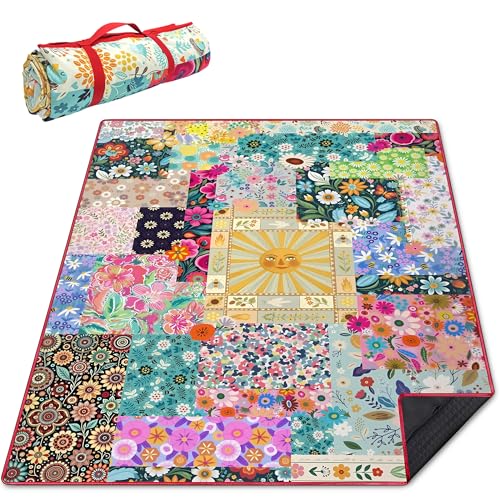 Supfitness Extra Large Picnic Blankets Waterproof Foldable (60 "x 80") Beach Blanket Waterproof Sandproof,3-Layer Thicking Mat Outdoor Packable Camping Blanket - color: Flower, size: 60x80in