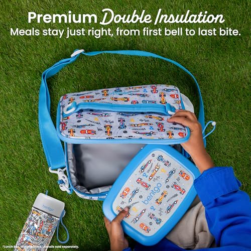 Bentgo Kids Prints Lunch Bag - Double-Insulated, Reusable, for Kids 3+, Adjustable Strap; Holds Lunch Box/Water Bottle/Snacks; Easy-Clean, Water-Resistant, Pockets (NEW Race Cars) - color: Race Cars