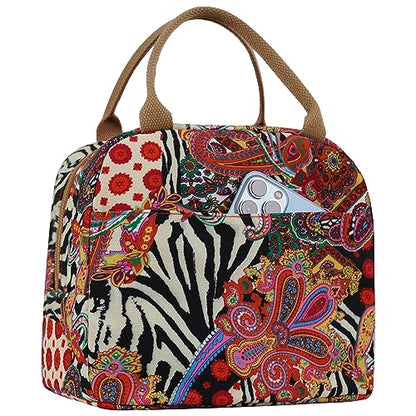 EurCross Aesthetic Lunch Box Bag for Women Daily Use,Boho Stylish Elegant Canvas Insulated Adult Lunch Bento Box Tote Bag - color: Boho-red