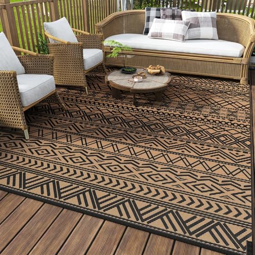 MontVoo Outdoor Rug Carpet Waterproof 9x12 Outdoor Patio Rug Mat Reverisble Plastic Straw Outdoor Rug for RV Camping Picnic Beach Balcony Boho Black Brown Large - color: Black Brown, size: 9' X 12' (Rectangular)