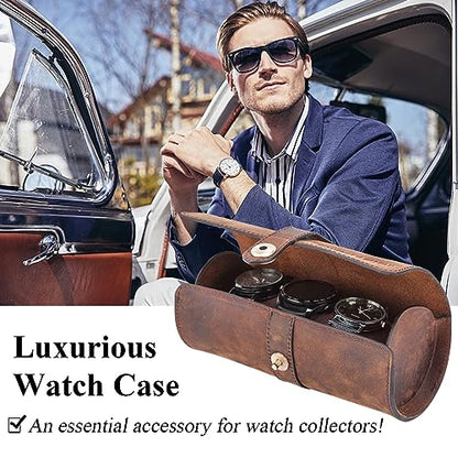 Acidea Genuine Leather Watch Roll Case - Travel Case for 3 Watches, Men's Accessories