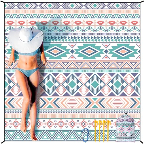 HIHOHO Beach Blanket Waterproof Sandproof Extra Large Beach Mat 79" X 83"/120"x108"for 1-8 Adults Quick Drying Durable Outdoor Picnic Mat for Beach Travel Camping Hiking - color: Bohemian-green Pink, size: 79" X 83"（1~3 person）