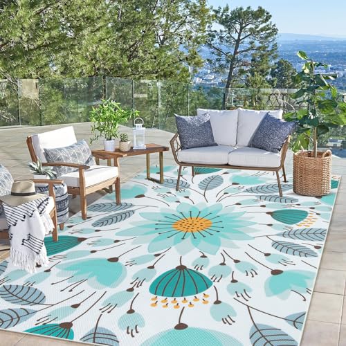 Lahome Floral Indoor Outdoor Rugs, 6x9ft Non Slip Outdoor Patio Rug for Camping Picnic, Soft Outdoor Area Rug for Balcony Deck Backyard, Washable RV Outdoor Rugs for Living Room Bedroom,Blue - color: Blue, size: 6'x 9'