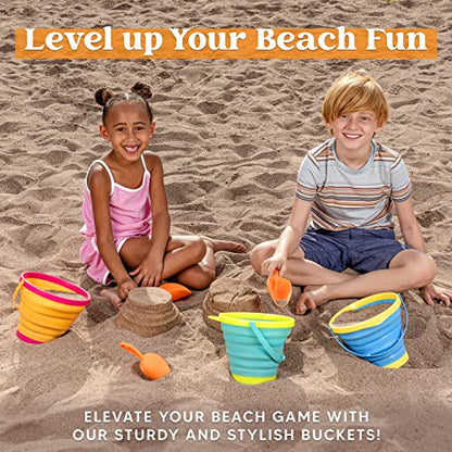 JOYIN 3 Packs Foldable Pail Bucket with Shovels & Mesh Bag, Collapsible Buckets Multi Purpose for Beach, Camping Gear, Beach Party, Fishing, and Fun Summer Activities (Yellow/Blue/Green) - color: Yellow/Blue/Green
