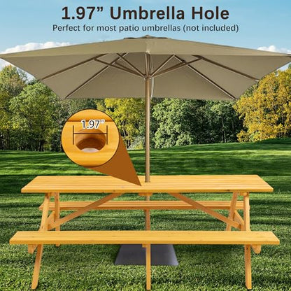 8 Person Rectangular Wooden Picnic Table, Outdoor Camping Dining Table with 2 Seats, Garden, DIY with 2 Built-in Benches, 2220lb Capacity, Natural - color: Natural-8-rectangular