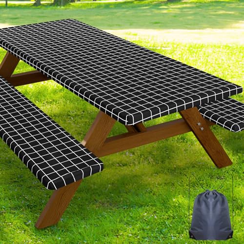 Smiry Picnic Table Cover with Bench Covers, Waterproof Elastic Fitted Tablecloth for 6 Foot Tables, Washable Polyester Tablecloths for Camping, Indoor & Outdoor (Black & White, 30x72 Inch 3-pc Set) - color: Black & White, size: 30"x72"