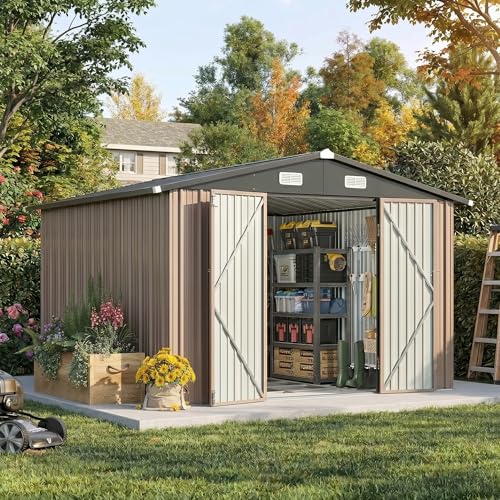 Devoko 10x10 FT Outdoor Storage Shed with Floor Frame, Metal Tool Shed with Slooping Roof, Heavy Duty Large Shed for Garden Backyard Patio(Brown) - color: Brown, size: 10x10 FT with Floor Frame
