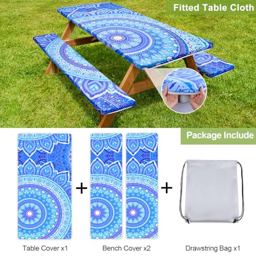 Picnic Table Cover with Bench Covers 6FT 3 Pcs Waterproof Windproof Aesthetic Camping Tablecloth with Drawstring Bag, Fitted for 6 Foot Rectangle Tables and Seats, 72 inch, Light Blue Purple - color: Light Blue Purple