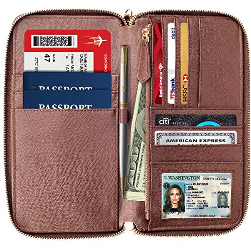 Travel Document Organizer - RFID Passport Wallet Case Family Holder Id Wristlet - color: Family Brown