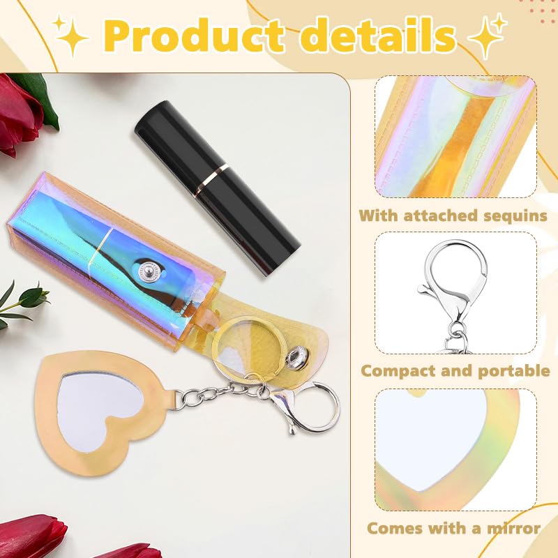 Sisadodo Glitter Lip Oil Holder Key Chains for Woman Lipstick Case with Mirror Lip Balm Keychain for Lipstick Case Keychain - color: Pv Yellow-heart