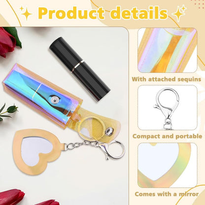 Sisadodo Glitter Lip Oil Holder Key Chains for Woman Lipstick Case with Mirror Lip Balm Keychain for Lipstick Case Keychain - color: Pv Yellow-heart