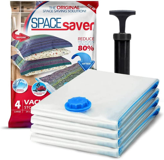 Spacesaver 4 Pack Large Vacuum Storage Bags for Comforters, Blankets & Clothes – Vacuum Sealed Compression Bags with Hand Pump – Space Saver Storage Bags for Bedding, Moving, Travel & Organization