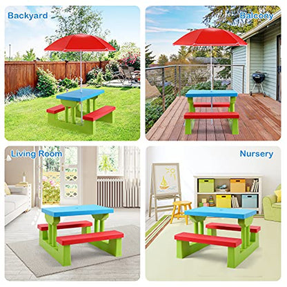 ARMILE Kids Picnic Table, Kids indoor & Outdoor Table and Bench set with Removable & Foldable Umbrella, Portable Toddler Plastic Picnic Table for Patio, Backyard, Ideal Gift for Boys Girls(Red)