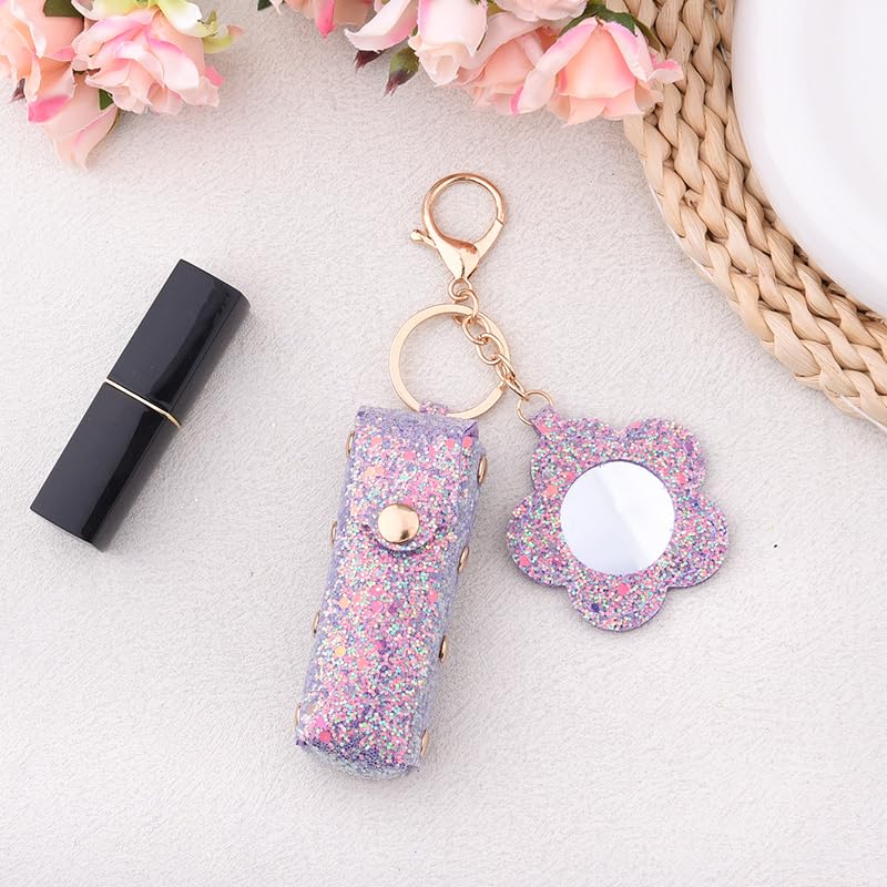 Sisadodo Glitter Lip Oil Holder Key Chains for Woman Lipstick Case with Mirror Lip Balm Keychain for Lipstick Case Keychain - color: Purple-flower