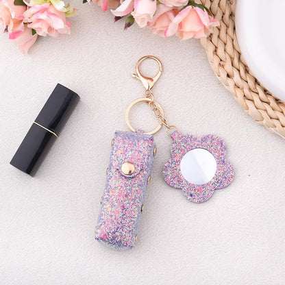 Sisadodo Glitter Lip Oil Holder Key Chains for Woman Lipstick Case with Mirror Lip Balm Keychain for Lipstick Case Keychain - color: Purple-flower