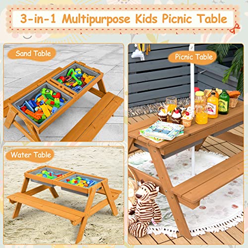 HONEY JOY Kids Picnic Table, 4 in 1 Cedar Wooden Sand & Water Table w/ 2 Removable Box & Umbrella, Kids Picnic Tables for Outdoors Backyard Garden, Toddler Patio Furniture Set for Boys Girls(Natural) - color: Natural
