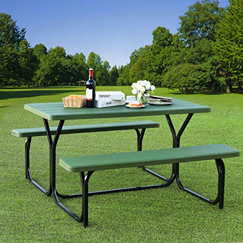 Giantex Picnic Table Bench Set Outdoor Camping All Weather Metal Base Yard Pool Dining Party Garden Patio Lawn Deck Large Camping Table (Green) - color: Green