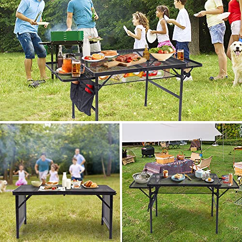 Nice C Folding Grill Table, Camping Tailgate Metal Table, 2 Tier Mesh Grill Station, with Metal Folding Adjustable Height&Width, Mesh Net, Carry Handle, for Outdoor