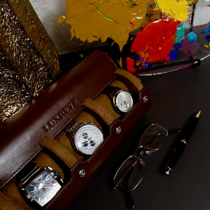 Luxury Father's Gift, Travel Watch Case 3 Slots, Bonus Pouch Included, Portable Organizer, PU Leather Watch Roll, Home Storage, Angled Easy-Removal Cushions, Scratch-Resistant Padded Velvet Lining - color: Brown/Light Brown