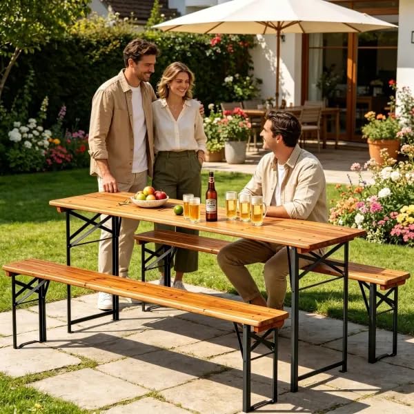 AVAWING 5.8FT 3-Piece Portable Picnic Table Bench Set, 6-8 Person Folding Wooden Dining Table Set，70" Patio Beer Table for Outdoor Activities Garden BBQs Parties Camping