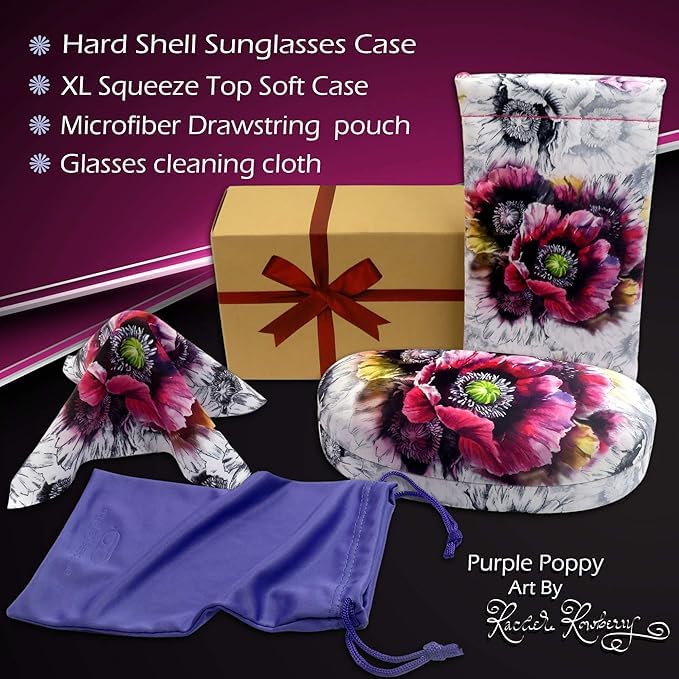 MyEyeglassCase Hard Sunglasses case - Women Glasses Case Holder - Large Durable Eyeglass Case Hard Shell with Pouch & Cloth - color: Z-combo As113 Poppy
