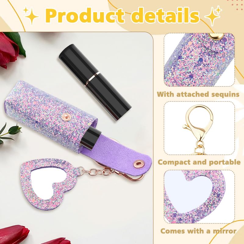 Sisadodo Glitter Lip Oil Holder Key Chains for Woman Lipstick Case with Mirror Lip Balm Keychain for Lipstick Case Keychain - color: Purple-heart