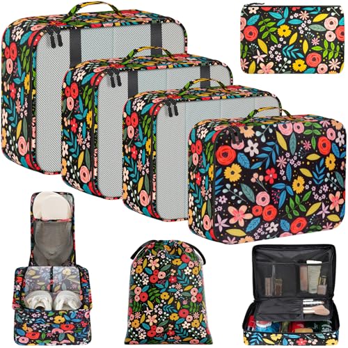 BAGAIL 8 Set Packing Cubes Luggage Packing Organizers for Travel Accessories-Black Floral - color: Black Floral, size: 8 Set