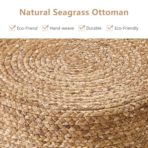 Wimarsbon Ottoman Natural Seagrass Foot Rest Stool Hand Weave Round Foot Stool Pouf Boho Vanity Stools with Non-Skid Mat for Living Room Bedroom Hallway - color: Mix White-1