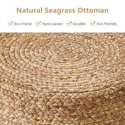 Wimarsbon Ottoman Natural Seagrass Foot Rest Stool Hand Weave Round Foot Stool Pouf Boho Vanity Stools with Non-Skid Mat for Living Room Bedroom Hallway - color: Mix White-1