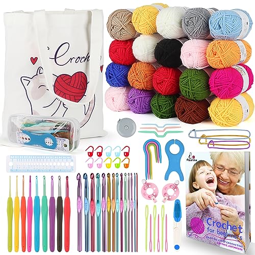Aeelike Learn to Crochet Kits for Beginner, Crochet Starter Kit with Everything,1093 Yards Acrylic Yarn for Crocheting, 78pcs Crochet Set and Step-by-Step Instruction for Beginners Tote Storage Bag - color: White Cat