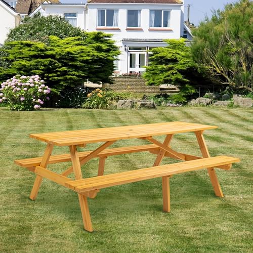8 Person Rectangular Wooden Picnic Table, Outdoor Camping Dining Table with 2 Seats, Garden, DIY with 2 Built-in Benches, 2220lb Capacity, Natural - color: Natural-8-rectangular