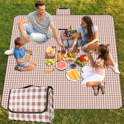 Picnic Blanket Waterproof Beach Rug 80''x80'' Picnic Mat Washable Lightweight with Handle Coffee Checkered for Hiking Travelling Outdoor Camping,Parks - color: Coffee, size: 6'8" x 6'8"