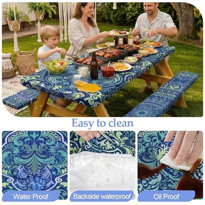 Picnic Table Cover with Bench Covers Camping Essentials Waterproof Windproof Camping Tablecloth with Drawstring Bag, Fitted Rectangle Tables and Seats, 72in, Deep Blue Green - color: Deep Blue Green, size: 72in