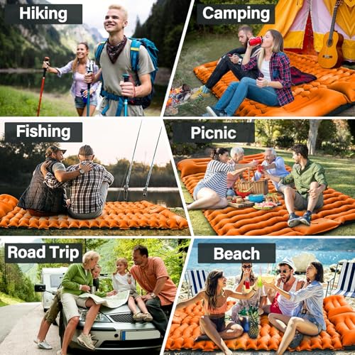 Yuzonc Double Sleeping Pad for Camping, 4" Extra Thick Self-Inflating Air Mattress - 2 Person Inflatable Camping Mat with Built-in Foot Pump & Pillow, Backpacking Hiking Tent Travel-Orange - color: Orange-1