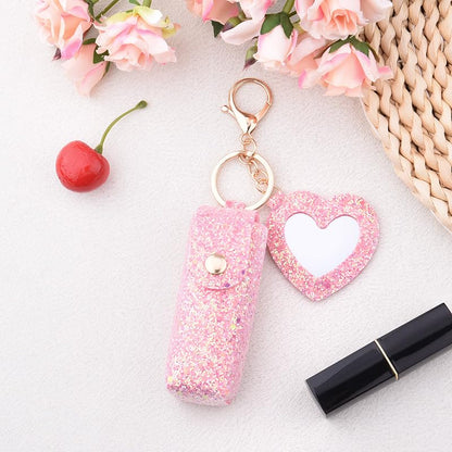 Sisadodo Glitter Lip Oil Holder Key Chains for Woman Lipstick Case with Mirror Lip Balm Keychain for Lipstick Case Keychain - color: Hot Pink-heart