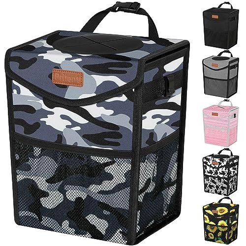 Pritent Car Trash Can with Lid, Cute Leakproof Car Trash Garbage Bag Hanging Vehicle Trash Bin Small Portable Automotive Garbage Cans Organizer for Back/Front Seat/Console(Trapezoid,Camo Grey) - color: Camo Grey, size: 2 Gallons
