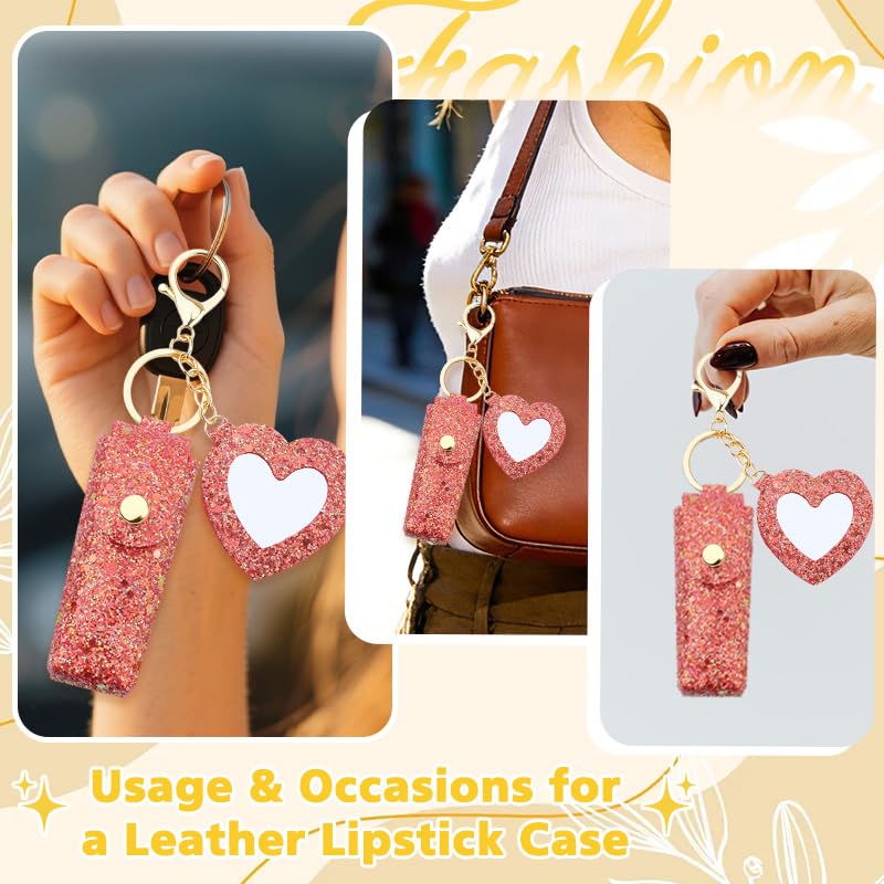 Sisadodo Glitter Lip Oil Holder Key Chains for Woman Lipstick Case with Mirror Lip Balm Keychain for Lipstick Case Keychain - color: Red-heart