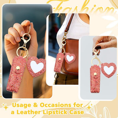 Sisadodo Glitter Lip Oil Holder Key Chains for Woman Lipstick Case with Mirror Lip Balm Keychain for Lipstick Case Keychain - color: Red-heart