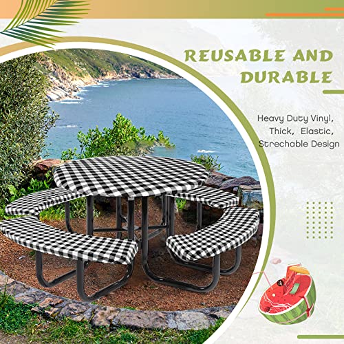 Moukeren Round Picnic Table Cover with Bench Cover Vinyl Fitted Picnic Tablecloth Round Waterproof Wipeable Table Cover with Elastic Edge for Camping Outdoor Patio, Black and White Grid,5 Piece Set