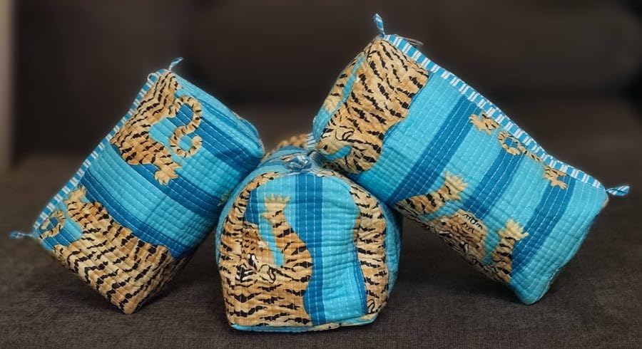 YILLE Set of 3 Pieces Block Printed Travel Organizer Kit Storage Bag for Women Makeup Bag Travel Cosmetic Bag (Turquoise Fat Tiger) - color: Turquoise Fat Tiger