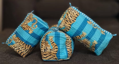 YILLE Set of 3 Pieces Block Printed Travel Organizer Kit Storage Bag for Women Makeup Bag Travel Cosmetic Bag (Turquoise Fat Tiger) - color: Turquoise Fat Tiger