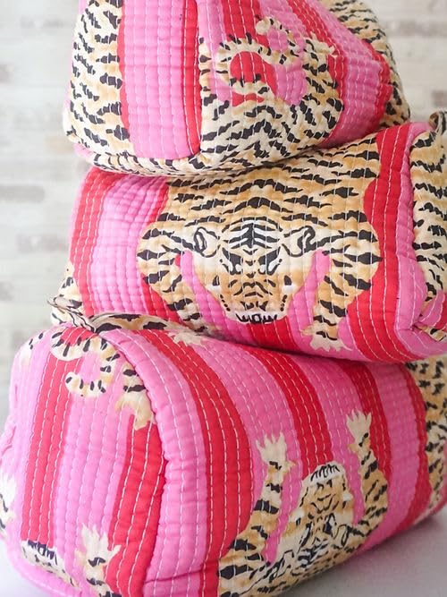 YILLE Set of 3 Pieces Block Printed Travel Organizer Kit Storage Bag for Women Makeup Bag Travel Cosmetic Bag (Pink Fat Tiger) - color: Pink Fat Tiger