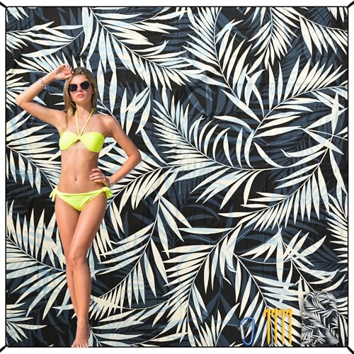 HIHOHO Beach Blanket Waterproof Sandproof Beach Mat 79”x 83” for 1-8 Adults Quick Drying Durable Outdoor Picnic Mat for Beach Festival Travel Camping Hiking (BK&W-Palm, 79"×83"(4 Person)) - color: Bk&w-palm, size: 6'11" x 6'7"