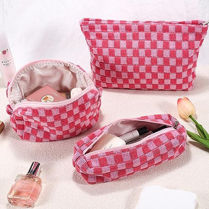 ZLFSRQ 3Pcs Makeup Bag Checkered Cosmetic Bag Set Travel Toiletry Bags for Purse Large Small Makeup Pouch for Women Cute Preppy Pencil Pouch Case Pink Zipper Skincare Bags - color: B-Checkered 3Pcs Mix Pink