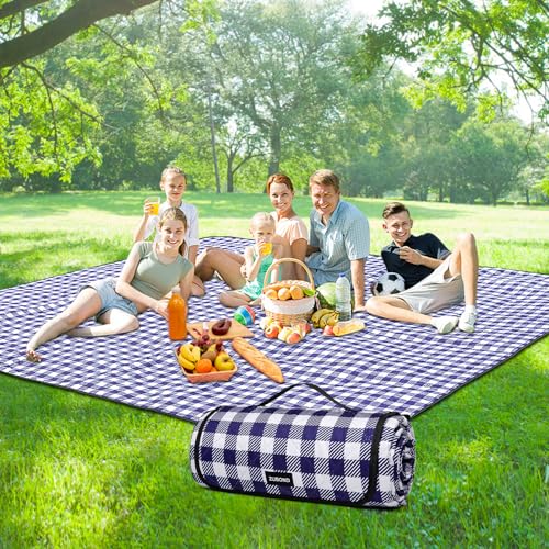 ZUBOND 80''x100'' Extra Large Picnic Beach Blankets Waterproof Sandproof Foldable, Machine Washable Simple Stylish Gingham Outdoor Blankets Grass Lawn Park for Family Camping Party - color: Blue White, size: 6'8" x 8'4" (Rectangular)