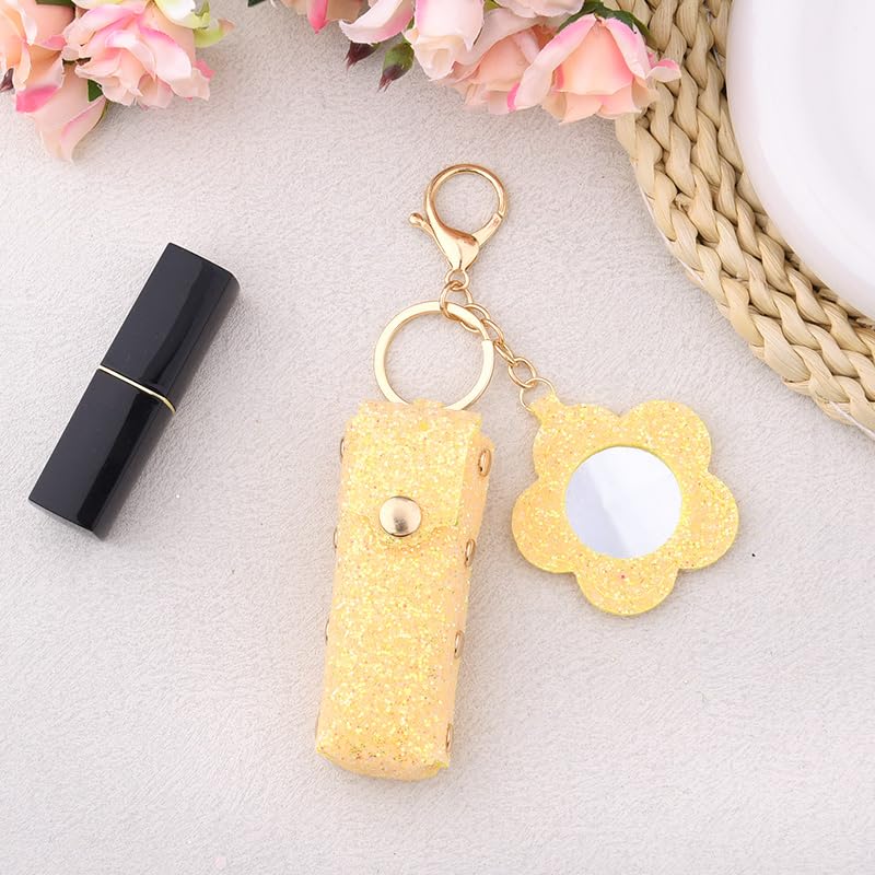 Sisadodo Glitter Lip Oil Holder Key Chains for Woman Lipstick Case with Mirror Lip Balm Keychain for Lipstick Case Keychain - color: Yellow-flower
