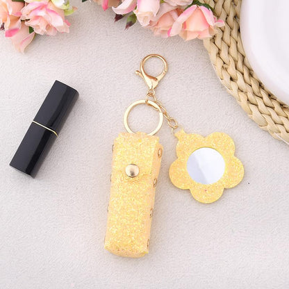 Sisadodo Glitter Lip Oil Holder Key Chains for Woman Lipstick Case with Mirror Lip Balm Keychain for Lipstick Case Keychain - color: Yellow-flower