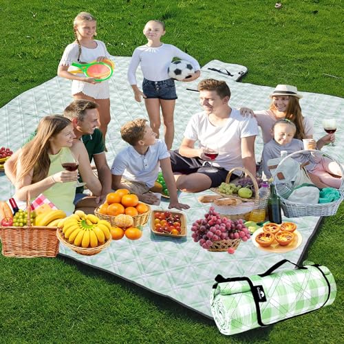 Picnic Blankets Machine Washable, 79''x79'' Extra Large Waterproof Foldable Compact Beach Blankets, Oversized XL Outdoor Mat for Spring Summer Camping, Park, Travel - color: Green and White